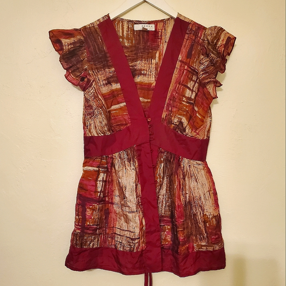 Kenar 100% Silk Peplum Style Blouse Fall Colors Burgundy Brown Beige